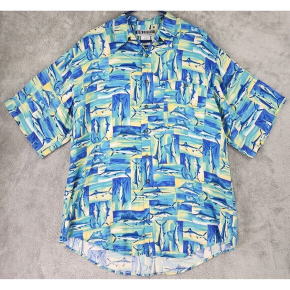Un Tied Shirt Mens Large Blue Sword Fish Hawaiian Casual Button Up Short Sleeve - Picture 1 of 10